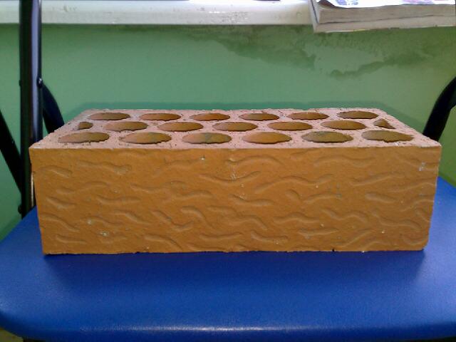 Cegła ceramiczna dziurawka w kolorze terakoty z widoczną fakturą na powierzchni, ułożona na niebieskim tle.